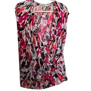 Kasper Vibrant Abstract Black Pink Gray Coral Faux Wrap Blouse